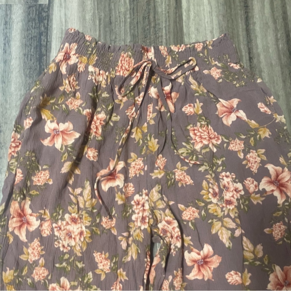 American Eagle Wide Leg Palazzo Pants M Floral Purple Pink Pull On Elastic Waist - Picture 4 of 7